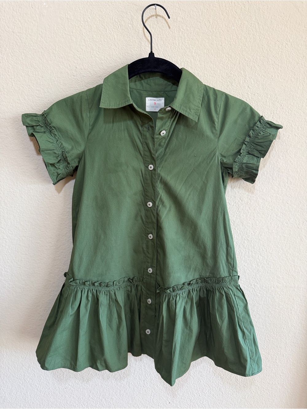 J.Crew Girls' Ruffle-hem olive green shirt-dress
